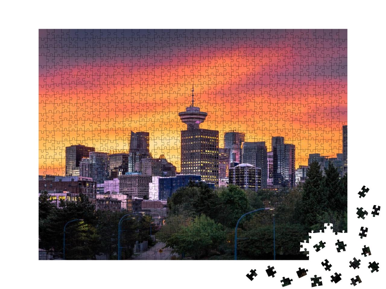 Puzzle de 1000 pièces « Coucher de soleil coloré derrière la ligne d'horizon de Vancouver »