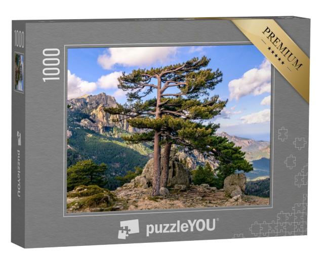 Puzzle de 1000 pièces « Pins devant les pics rocheux des "Aiguilles de Bavella" en granit rouge - Monte Cinto, Corse »