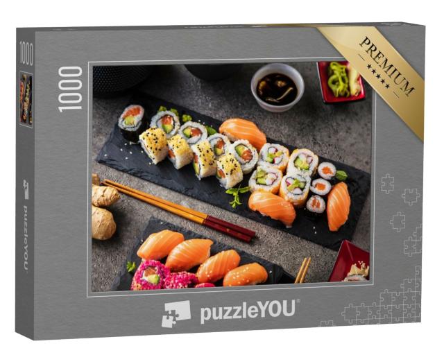 Puzzle de 1000 pièces « Variétés de sushis sur ardoise avec et gingembre »
