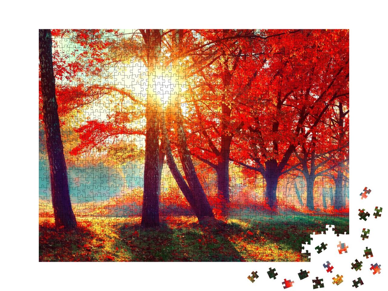 Puzzle de 1000 pièces « Feuilles rouges sous la lumière dorée du soleil d'automne »
