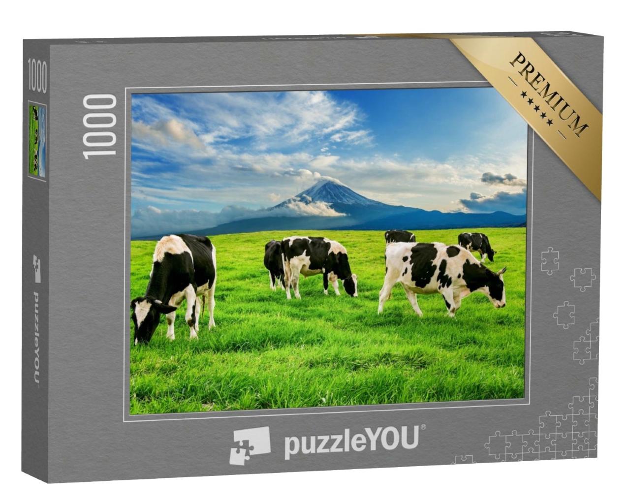 Puzzle de 1000 pièces « Vaches mangeant de l'herbe grasse dans une prairie verdoyante devant le mont Fuji au Japon »