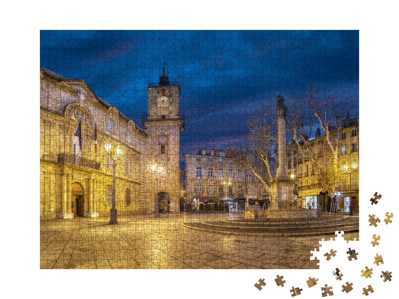 Puzzle de 1000 pièces « Bâtiment de la mairie, tour de l'horloge et fontaine à Aix-en-Provence, France »