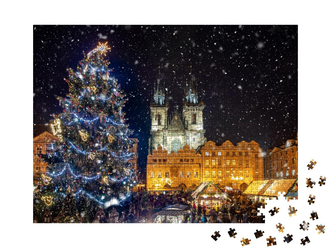 Puzzle de 1000 pièces « Belle vue sur la place de la vieille ville avec le marché de Noël, Prague de nuit »