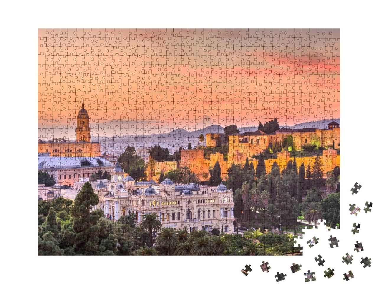 Puzzle de 1000 pièces « Skyline de Malaga au crépuscule, Espagne »