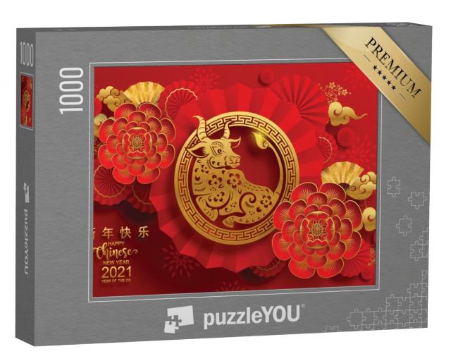Puzzle de 1000 pièces « Année du bœuf, nouvelle année chinoise 2021, papier rouge et or »