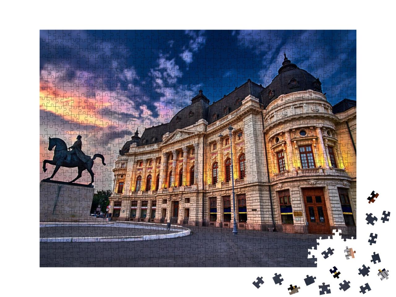 Puzzle de 1000 pièces « Bucarest au coucher du soleil. Calea Victoriei, Bibliothèque nationale »