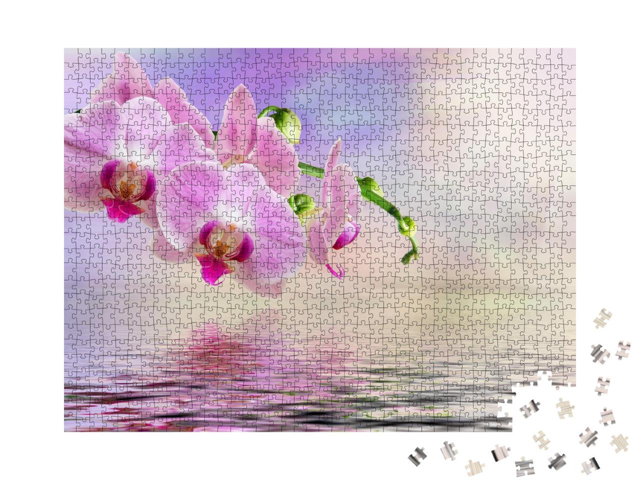 Puzzle de 1000 pièces « Délicate floraison d'orchidées sur une eau lisse comme un miroir »
