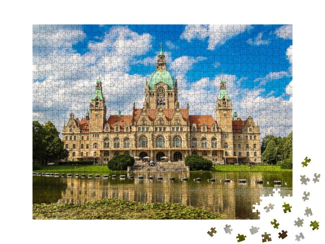 Puzzle de 1000 pièces « Nouvel hôtel de ville à Hanovre par une belle journée d'été, Allemagne »