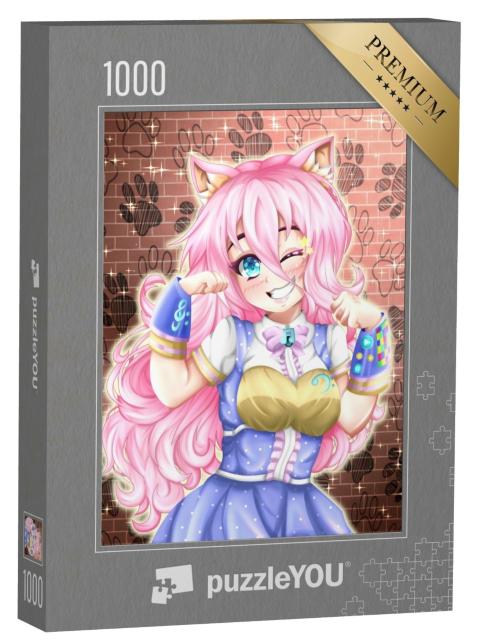 Puzzle de 1000 pièces « Anime : Neko fille aux cheveux roses »