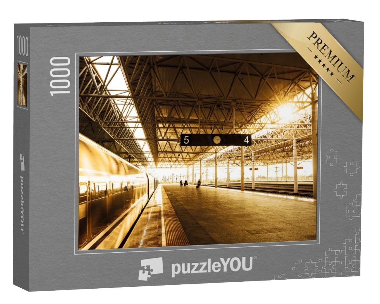 Puzzle de 1000 pièces « Arrêt du train à la gare avec coucher de soleil »
