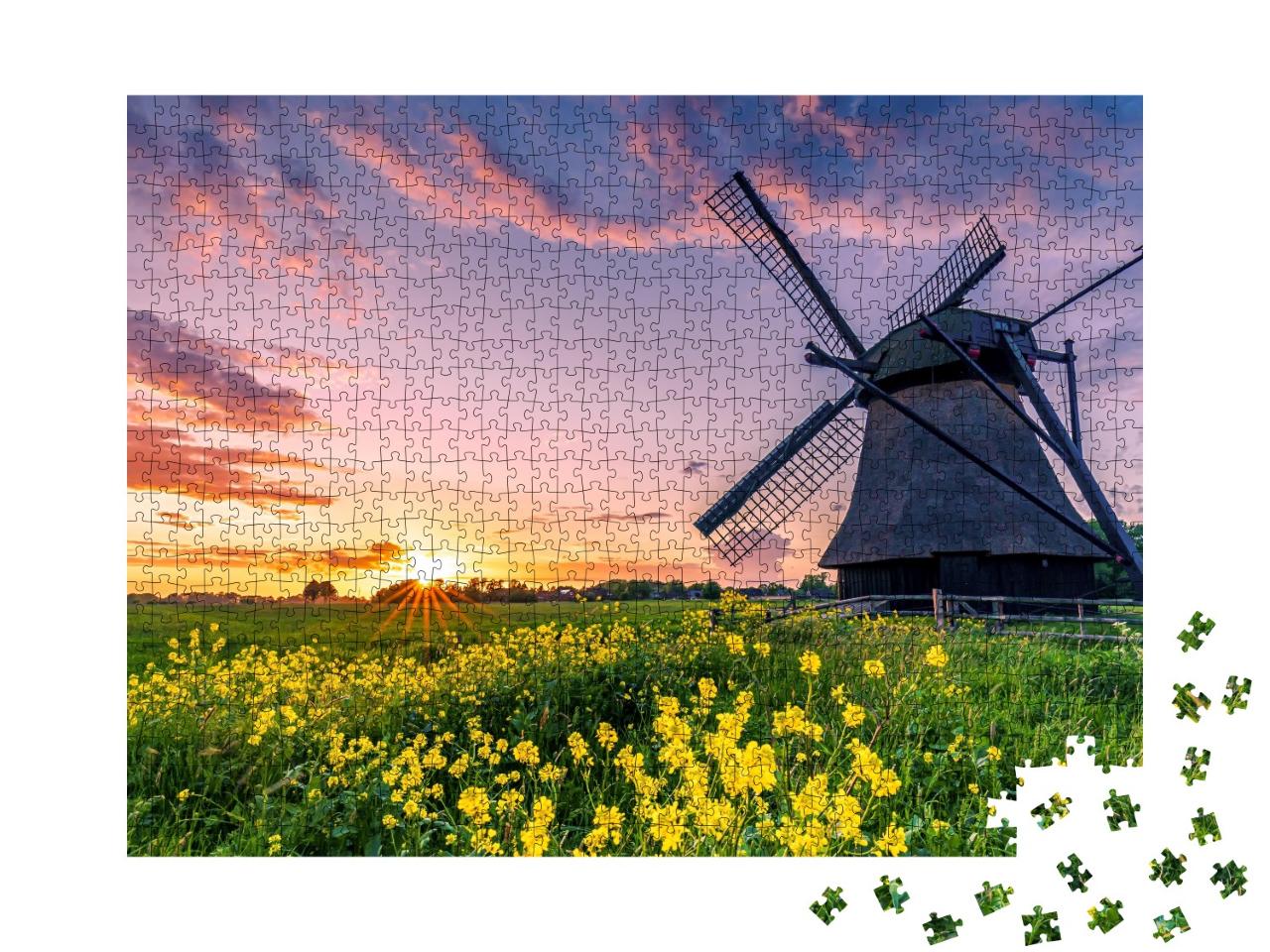 Puzzle de 1000 pièces « Moulin à eau à pales dans un champ en Frise orientale, Allemagne du Nord »