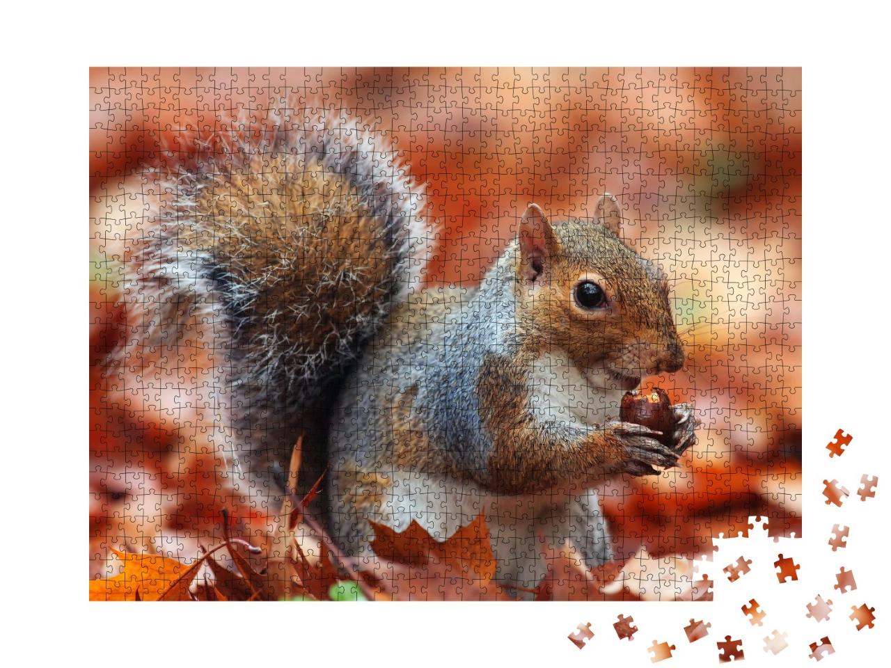 Puzzle de 1000 pièces « Écureuil en automne avec gland »