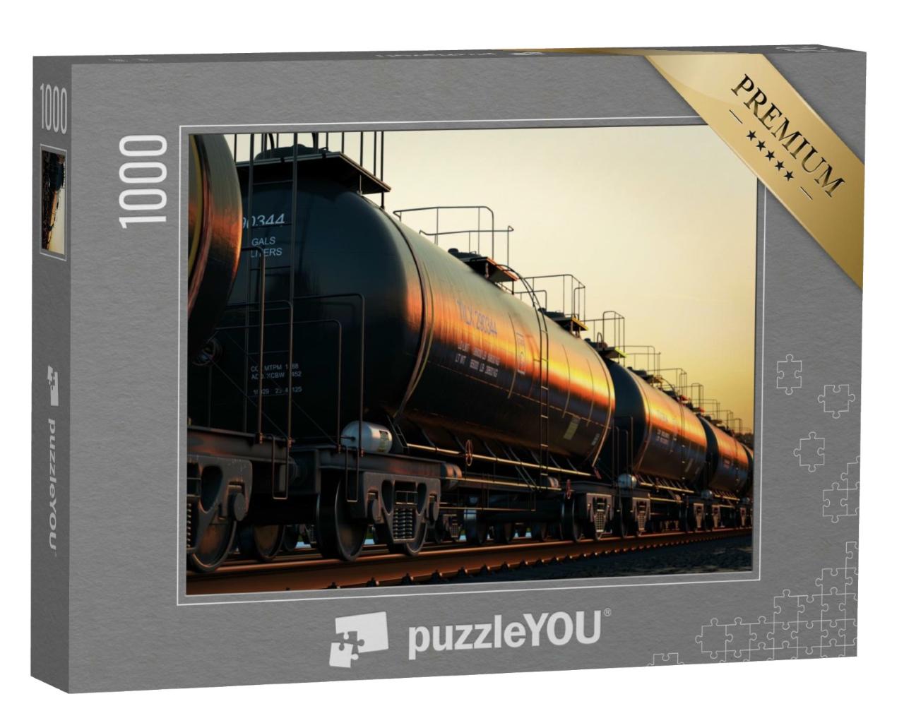 Puzzle de 1000 pièces « Transport de wagons-citernes contenant du pétrole au coucher du soleil »