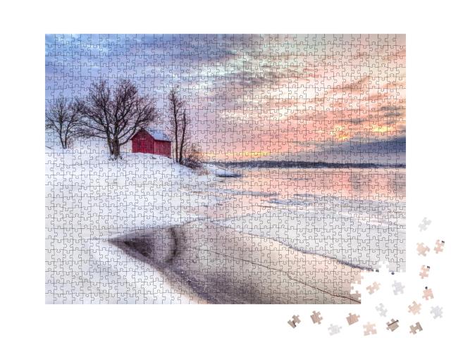 Puzzle de 1000 pièces « Cabane dans l'archipel hivernal de Stockholm, Suède »