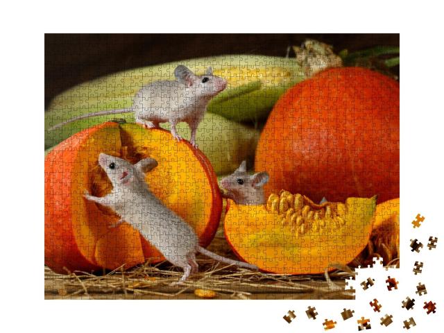 Puzzle de 1000 pièces « Trois jeunes souris explorent des citrouilles récoltées »