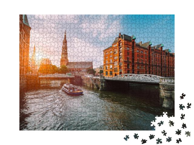 Puzzle de 1000 pièces « Speicherstadt Hambourg au coucher du soleil doré »