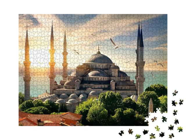Puzzle de 1000 pièces « Des mouettes au-dessus de la Mosquée bleue et du Bosphore à Istanbul »