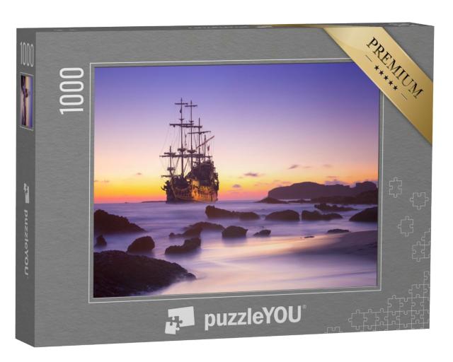 Puzzle de 1000 pièces « Le bateau pirate quitte l'île au coucher du soleil »
