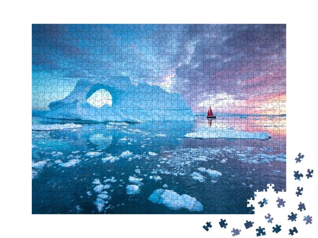 Puzzle de 1000 pièces « Un voilier rouge entre des icebergs sous le soleil de minuit, Groenland »