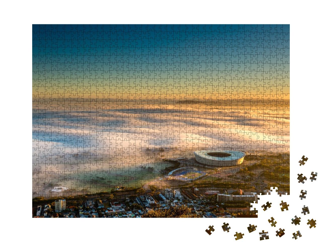 Puzzle de 1000 pièces « Lever de soleil brumeux sur le Stadtion du Cap, Afrique du Sud »