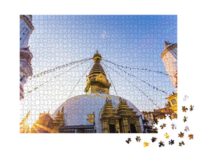 Puzzle de 1000 pièces « Lumière dorée au temple des singes de Swayambhunath, Katmandou, Népal »