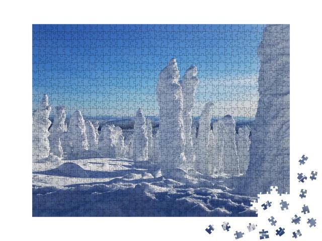 Puzzle de 1000 pièces « Des forêts d'arbres enneigés inhabituelles dans la région polaire »