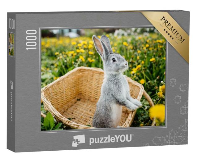 Puzzle de 1000 pièces « Lapin gris dans un panier sur une prairie de pissenlits »