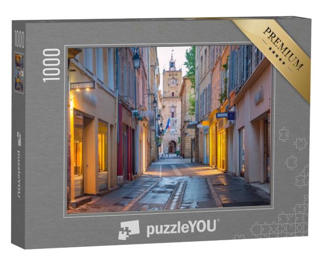 Puzzle de 1000 pièces « Rue vide et tour de l'horloge de l'hôtel de ville d'Aix-en-Provence le matin, Provence »
