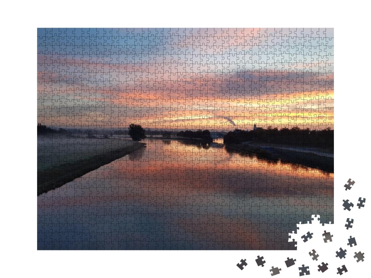 Puzzle de 1000 pièces « Lever de soleil à Dresde, vue sur l'Elbe dans le soleil du matin »