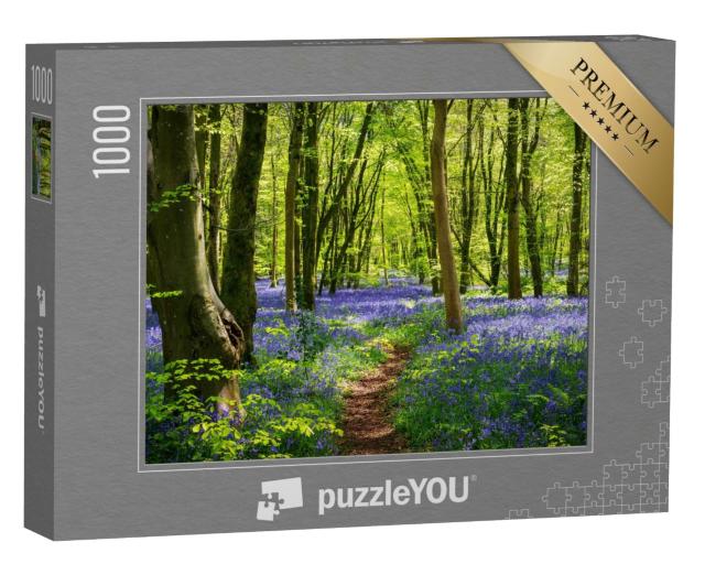 Puzzle de 1000 pièces « Lumière du soleil dans une forêt de clochettes bleues avec des fleurs violettes d'un bleu profond »