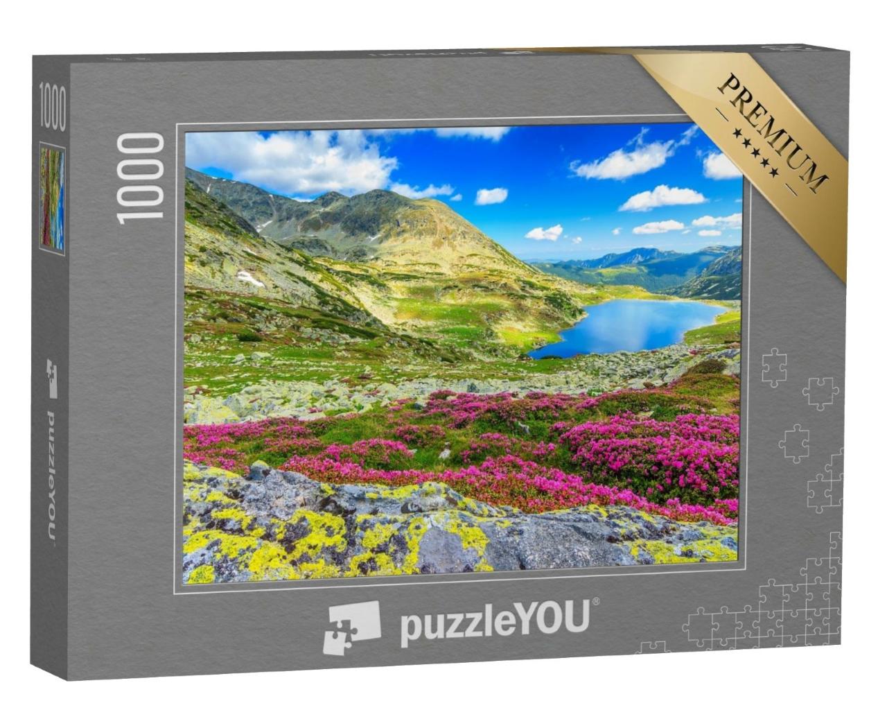 Puzzle de 1000 pièces « Lac glaciaire, hautes montagnes et rhododendrons roses, Carpates, Roumanie »