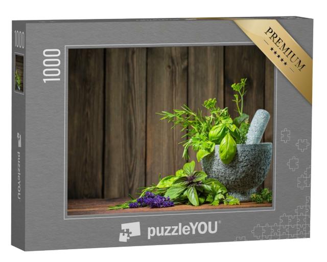 Puzzle de 1000 pièces « Mortier avec des herbes fraîches de cuisine »