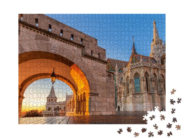 Puzzle de 1000 pièces « Porte nord du Bastion des pêcheurs Halaszbastya au lever du soleil, Budapest, Hongrie »