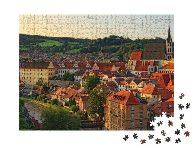 Puzzle de 1000 pièces « Vue matinale de la ville avec des toits de tuiles rouges, Krumau, République tchèque »