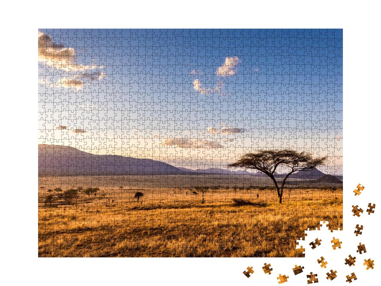 Puzzle de 1000 pièces « Coucher de soleil sur les plaines de savane du parc national de Tsavo East, Kenya »