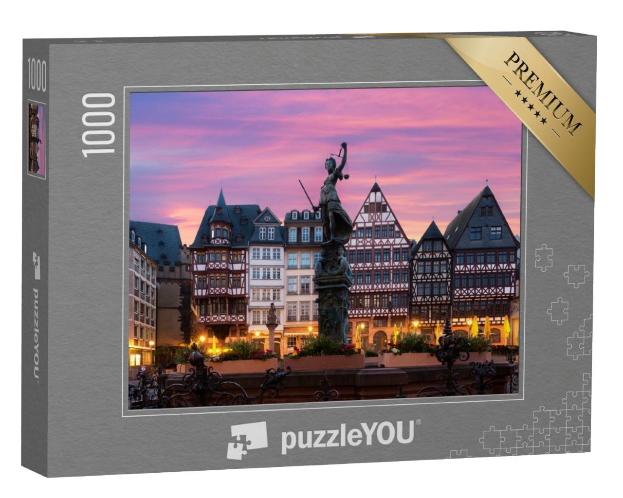 Puzzle de 1000 pièces « Place de la vieille ville de Römerberg avec la statue de la Justice à Francfort, Allemagne »