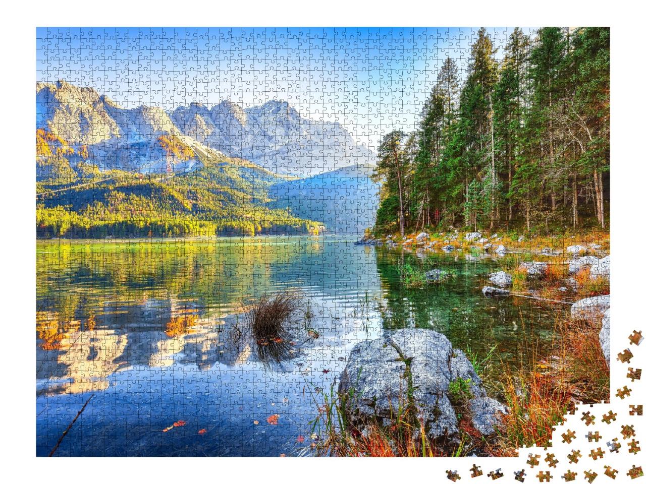 Puzzle de 2000 pièces « Eibsee devant le sommet de la Zugspitze dans la liste d'automne, Bavière, Allemagne »