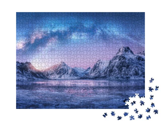 Puzzle de 1000 pièces « Voie lactée au-dessus de la mer gelée, nuit d'hiver sur les îles Lofoten, Norvège »