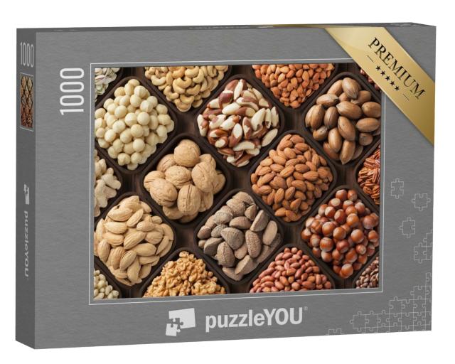 Puzzle de 1000 pièces « Graines et noix dans de petites coupes en bois symétriques »