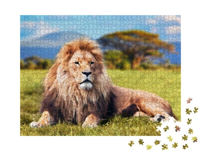 Puzzle de 1000 pièces « Grand lion dans l'herbe de la savane »