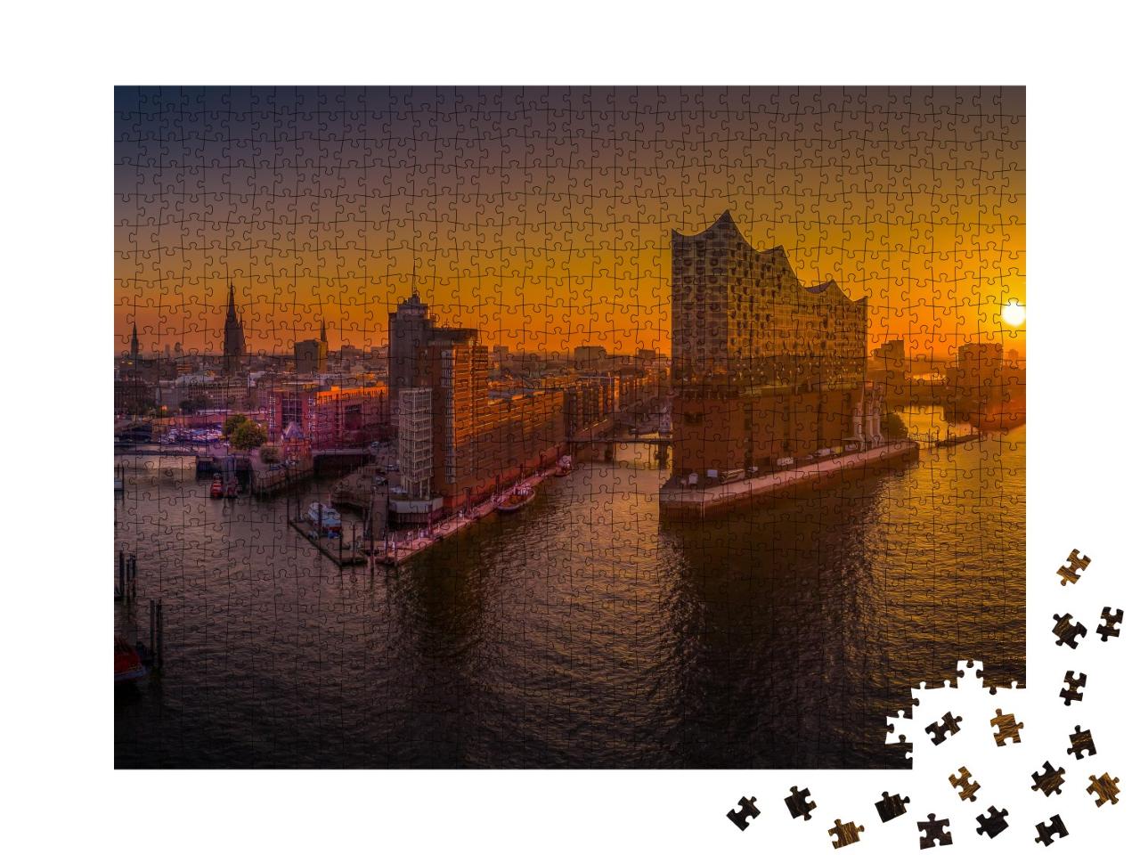 Puzzle de 1000 pièces « Lever de soleil à Hambourg sur le port »