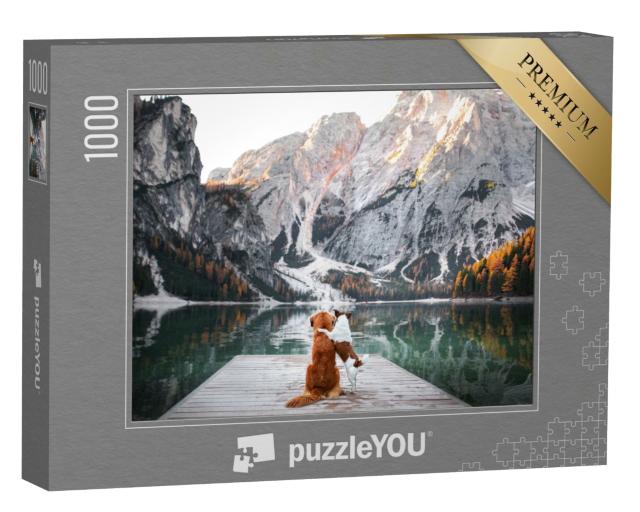 Puzzle de 1000 pièces « Deux chiens sur une passerelle en bois au bord d'un lac de montagne »