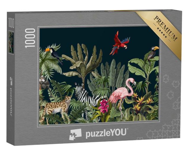 Puzzle de 1000 pièces « Motif sans couture avec des animaux de la jungle, des fleurs et des arbres »