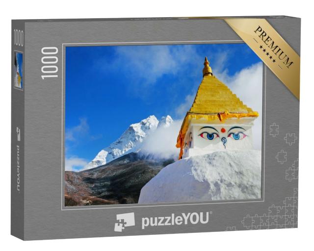 Puzzle de 1000 pièces « Stupa bouddhiste et drapeaux de prière, derrière les montagnes de l'Himalaya »