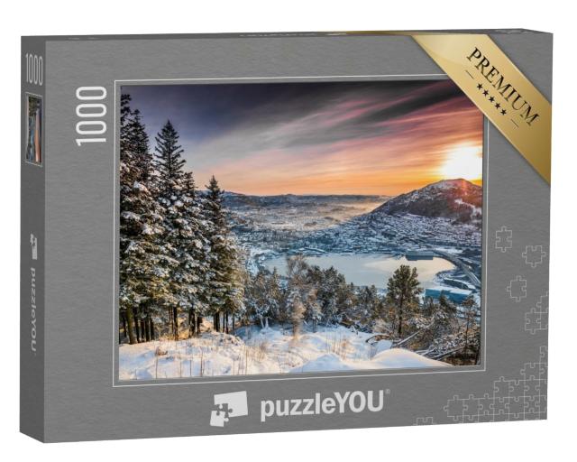 Puzzle de 1000 pièces « Coucher de soleil au sommet d'une montagne à Bergen, Norvège »