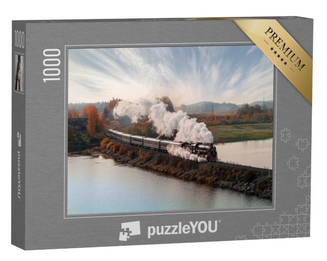 Puzzle de 1000 pièces « Locomotive à vapeur ancienne dans un paysage automnal »