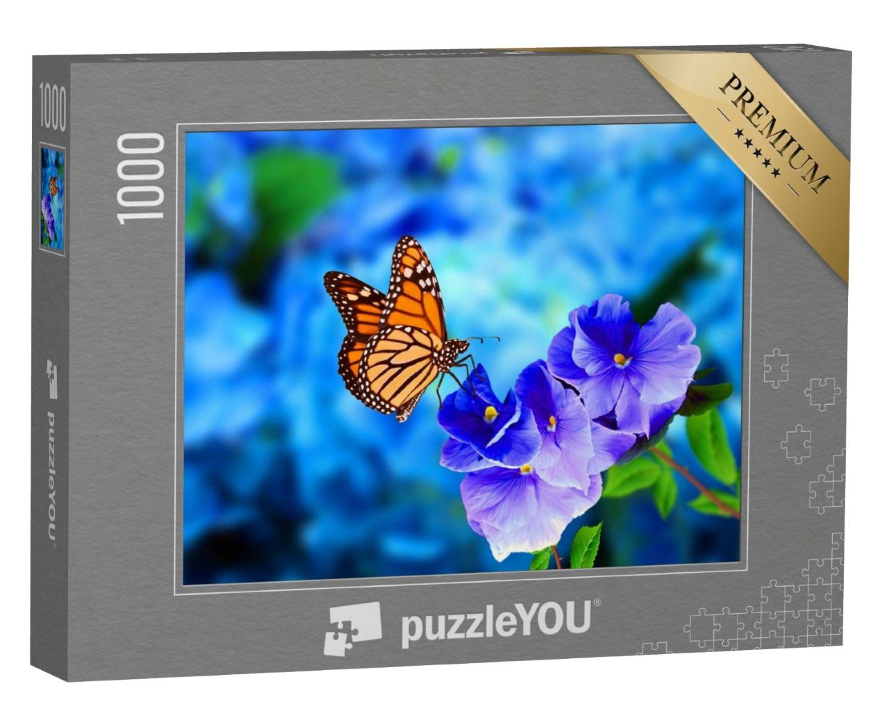 Puzzle de 1000 pièces « Papillon monarque sur hortensia bleu-violet »