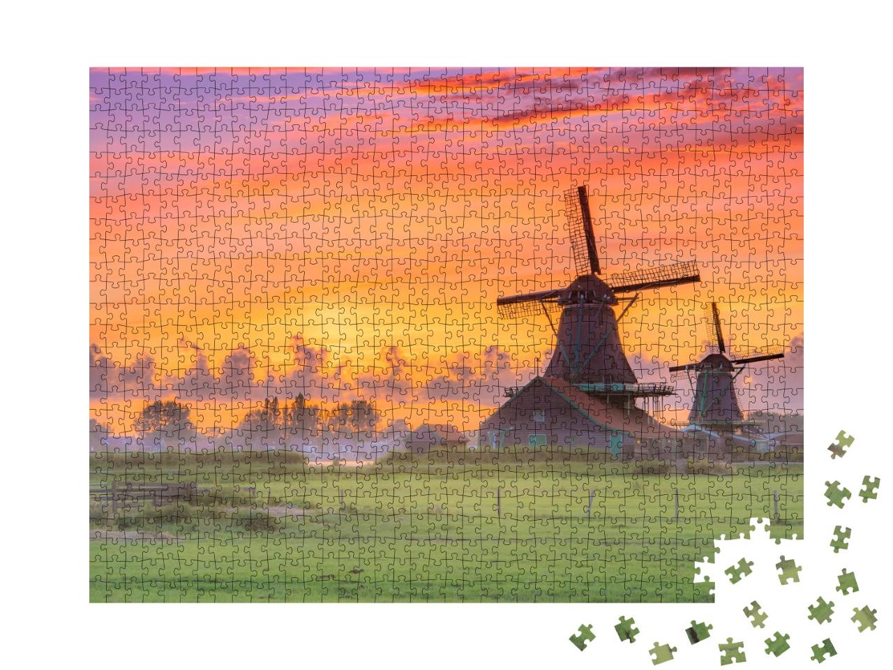 Puzzle de 1000 pièces « Moulins à vent au coucher du soleil, Pays-Bas »