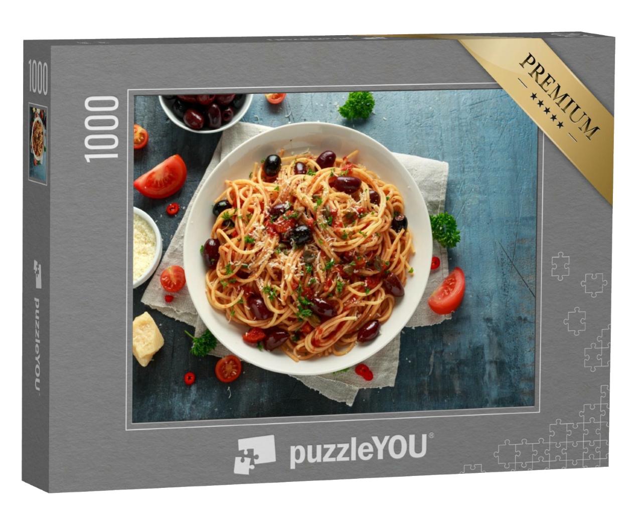 Puzzle de 1000 pièces « Pâtes à la Puttanesca avec ail, olives, câpres, tomates, anchois »