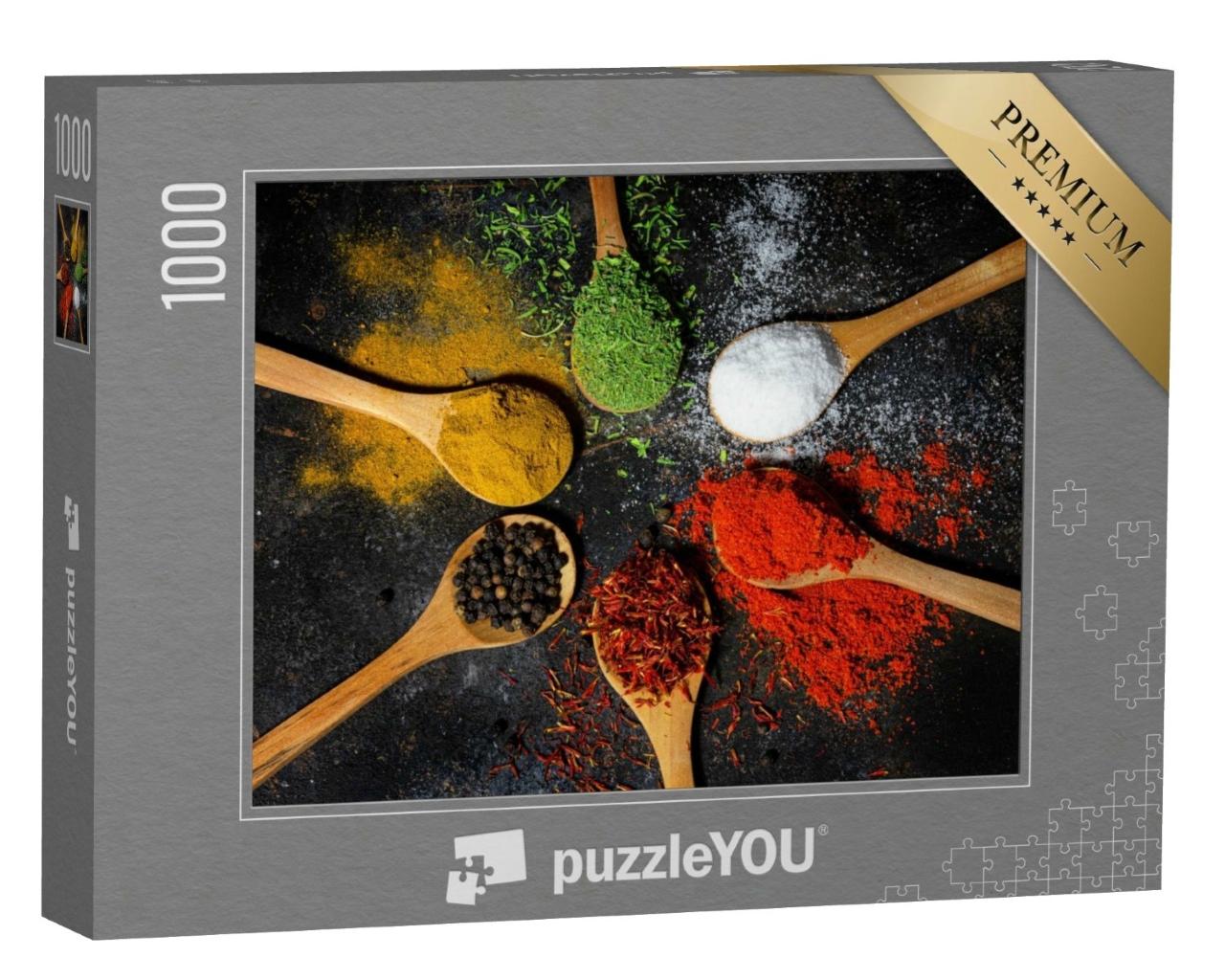 Puzzle de 1000 pièces « Sélection d'épices et d'herbes aromatiques sur des cuillères à épices »